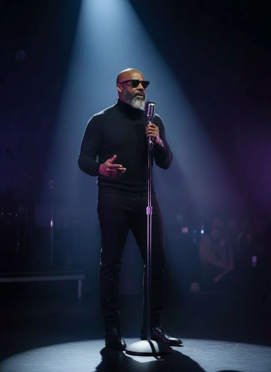 M.I.C. — all black turtleneck with shades