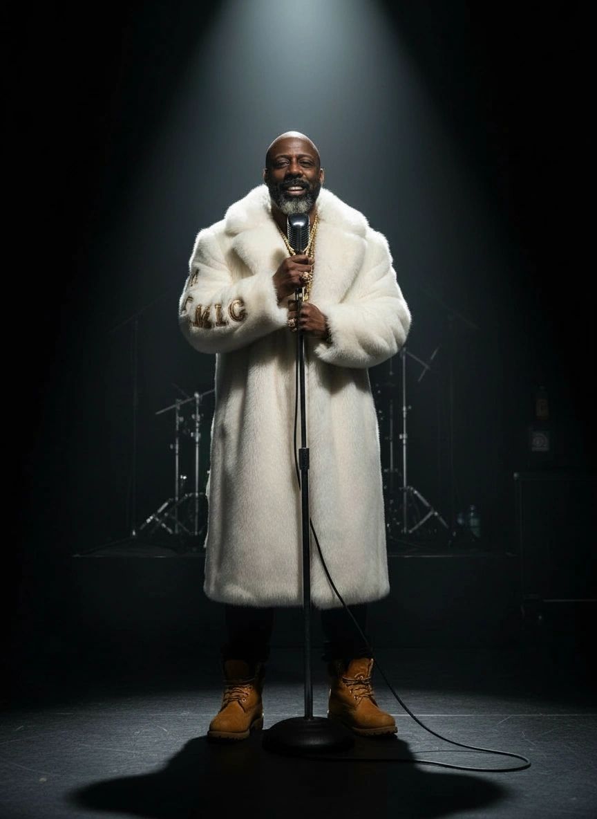 M.I.C. — white fur coat with Timberlands