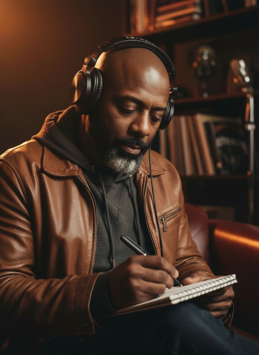 M.I.C. — writing lyrics, warm amber studio