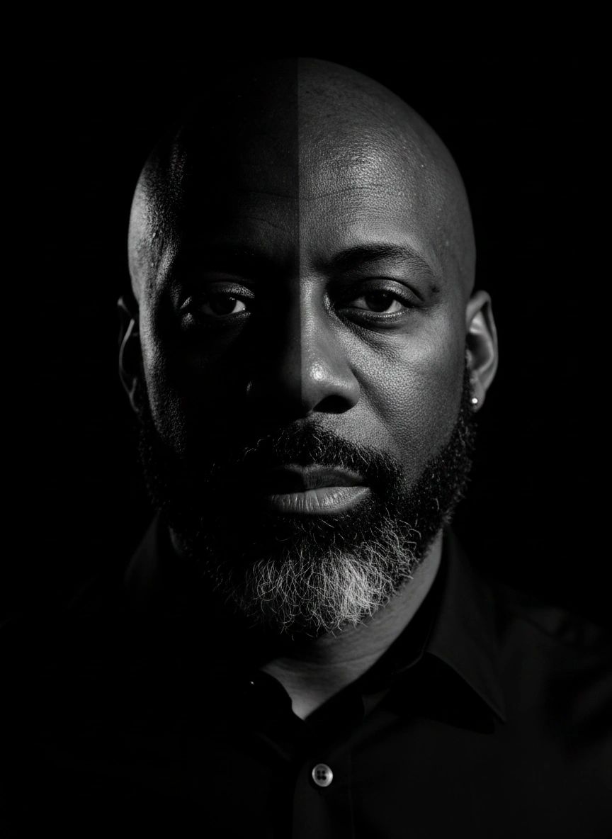 M.I.C. — split lighting portrait B&W