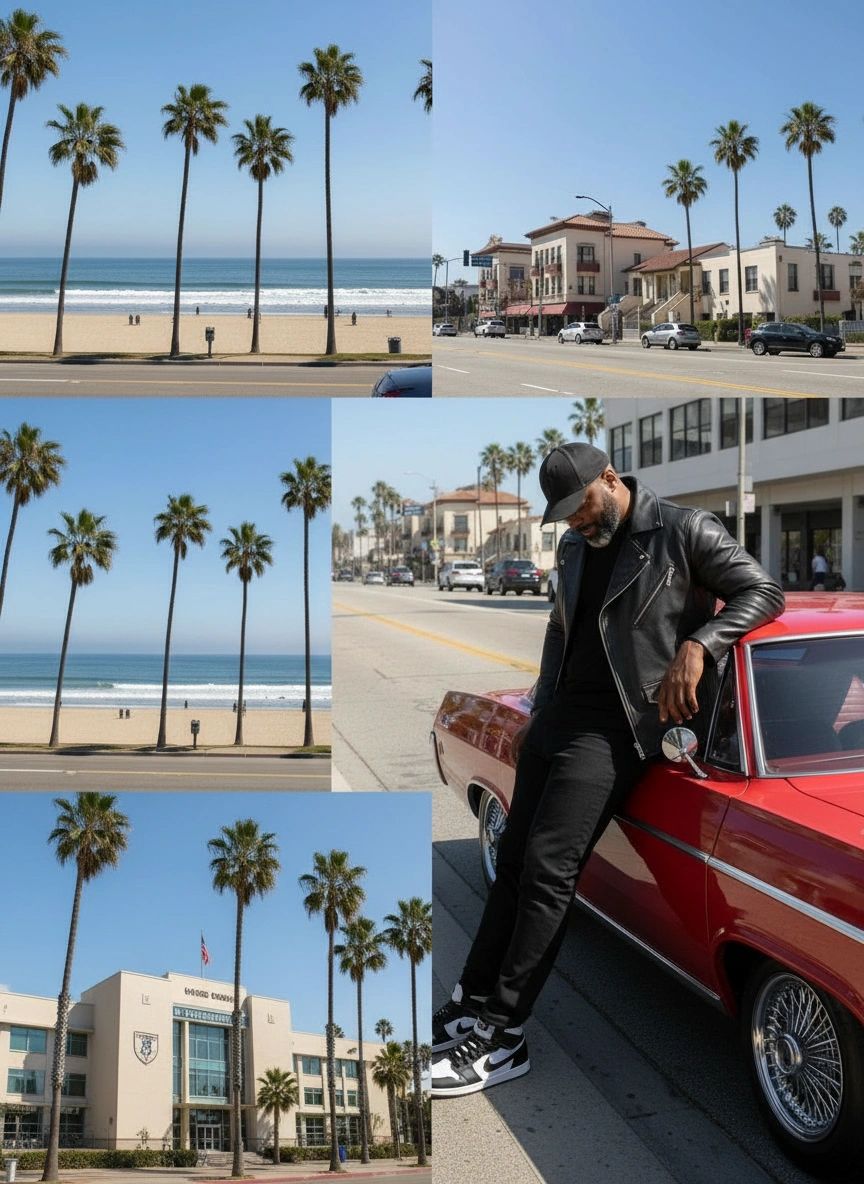 M.I.C. — Long Beach collage red 67 Chevy elbow on hood