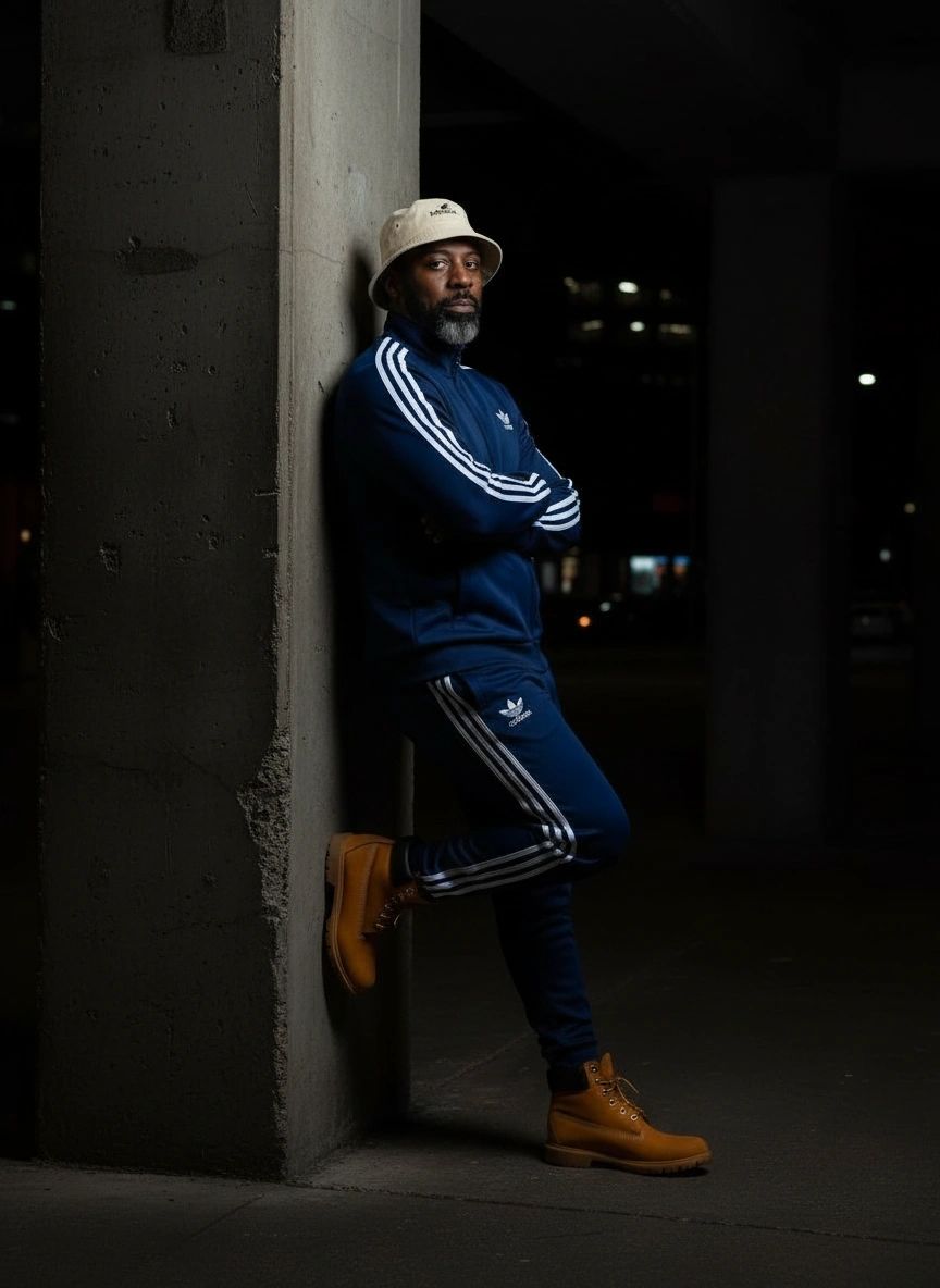 M.I.C. — Adidas tracksuit Kangol Timberlands sideways lean against wall