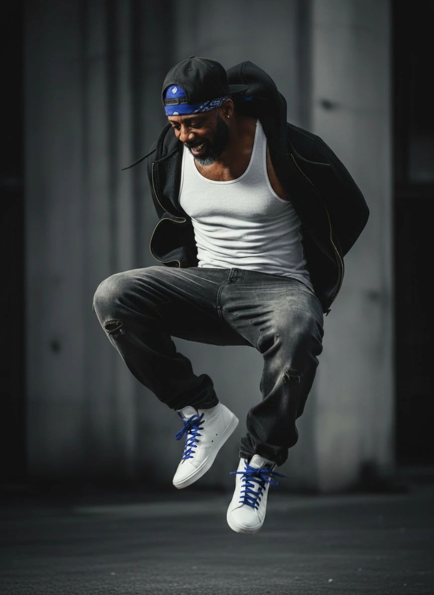 M.I.C. — mid-air hip hop action shot jeans tank top cap bandana blue laces